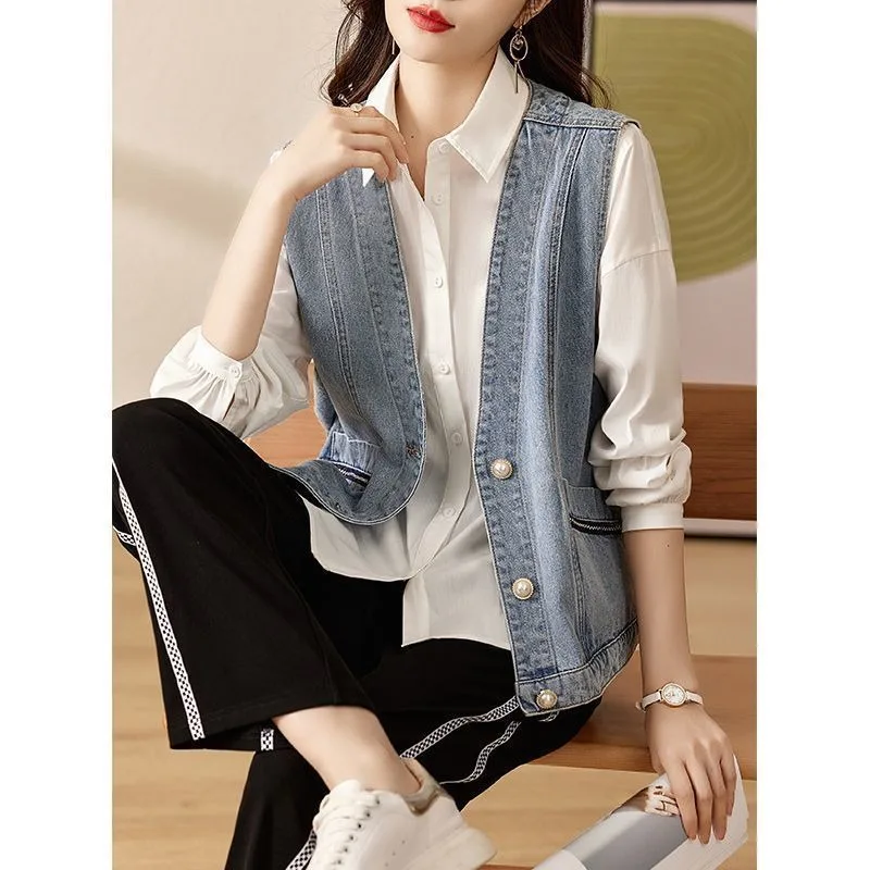 

2025 Spring Autumn New High-end Denim Vest Jacket Women's Korean Style Trendy V-Neck Sleeveless