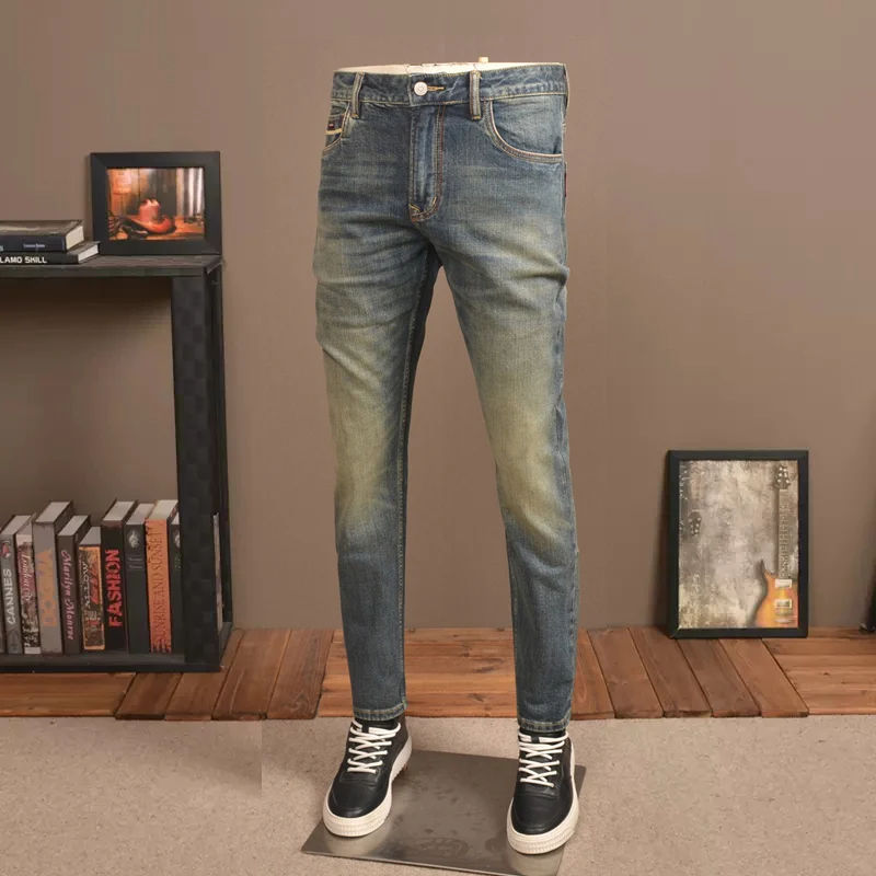 Fashion Vintage Men Jeans High Quality Retro Blue Elastic Slim Fit Ripped Jeans Men Trousers Pocket Designer Denim Pants Hombre