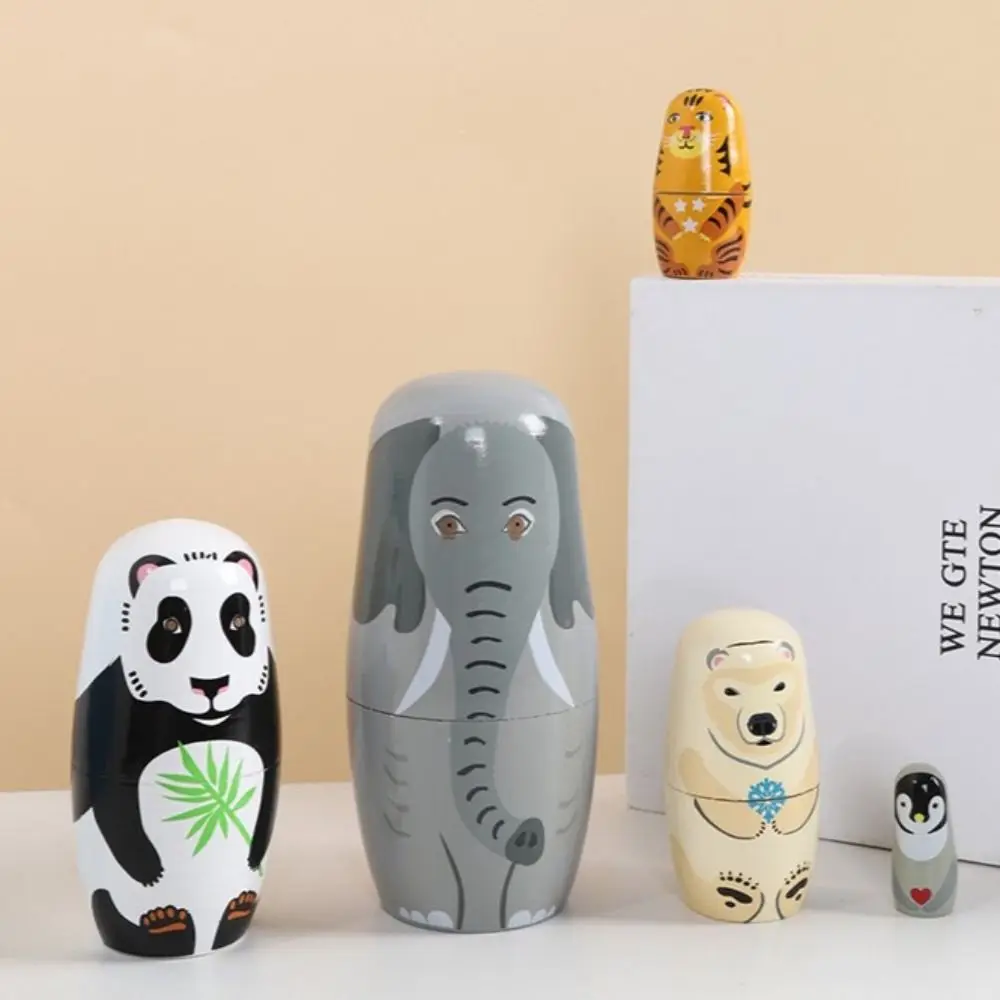 Tiger 5Pcs/Set Animal Matryoshka Doll Smooth Wood Wooden Stacking Dolls Panda Line Dog Puppy Nesting Dolls Brithday Gifts