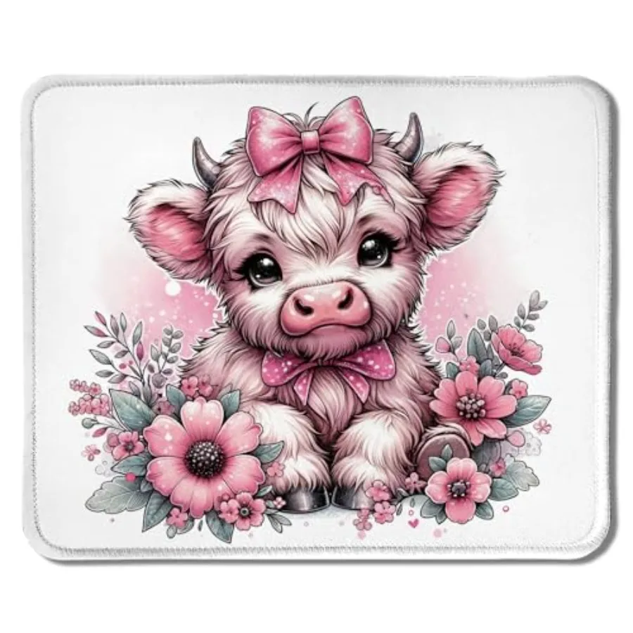 Coquette Pink Bow Floral Highland Cow Mouse Pad, Cute Western Baby Highland Cow Heifer Mouse Pads Mousepad for Work Gaming Comp