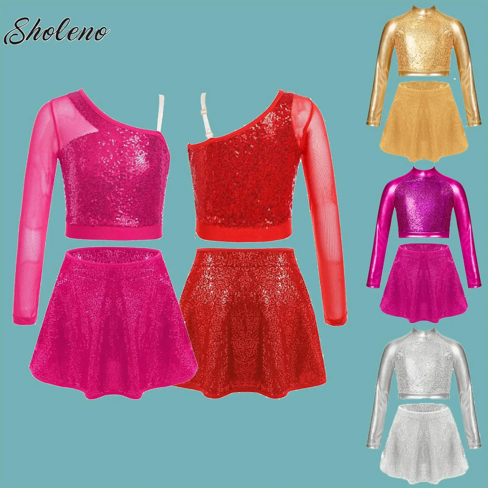 

Kids Girls Shiny Sequins Modern Latin Jazz Dance Stage Performance Costume Outfits Single Shoulder Crop Top+Pleated Skirts Set