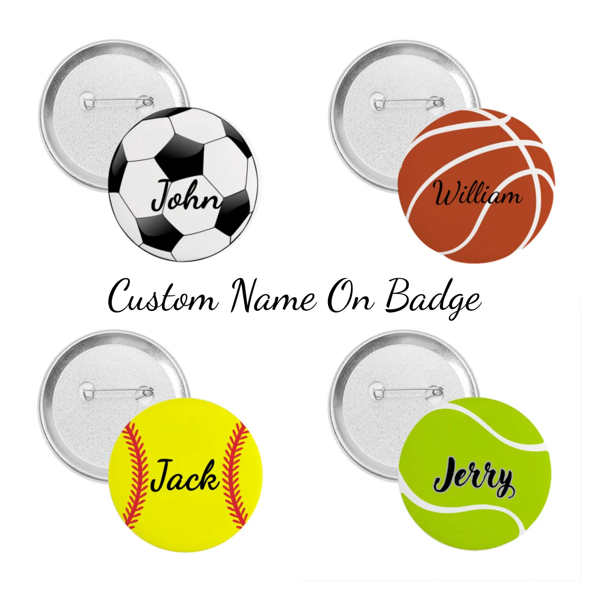 Insignia redonda de 58mm con nombre personalizado, alfileres de fútbol, broches deportivos de hojalata personalizados, insignias decorativas para bolsa, regalo personalizado para niños