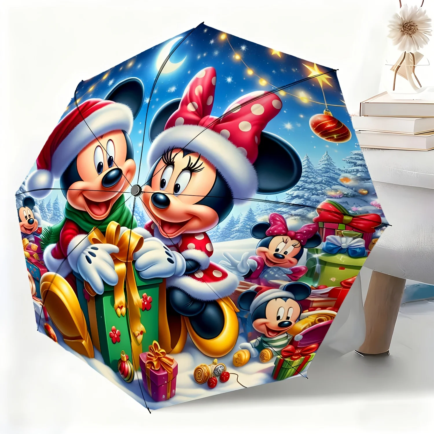 

1pc Disney Mickey and Minnie Christmas Automatic Umbrella, All-Occasion Dual-Purpose Umbrella for Rain or Shine, Portable Fold