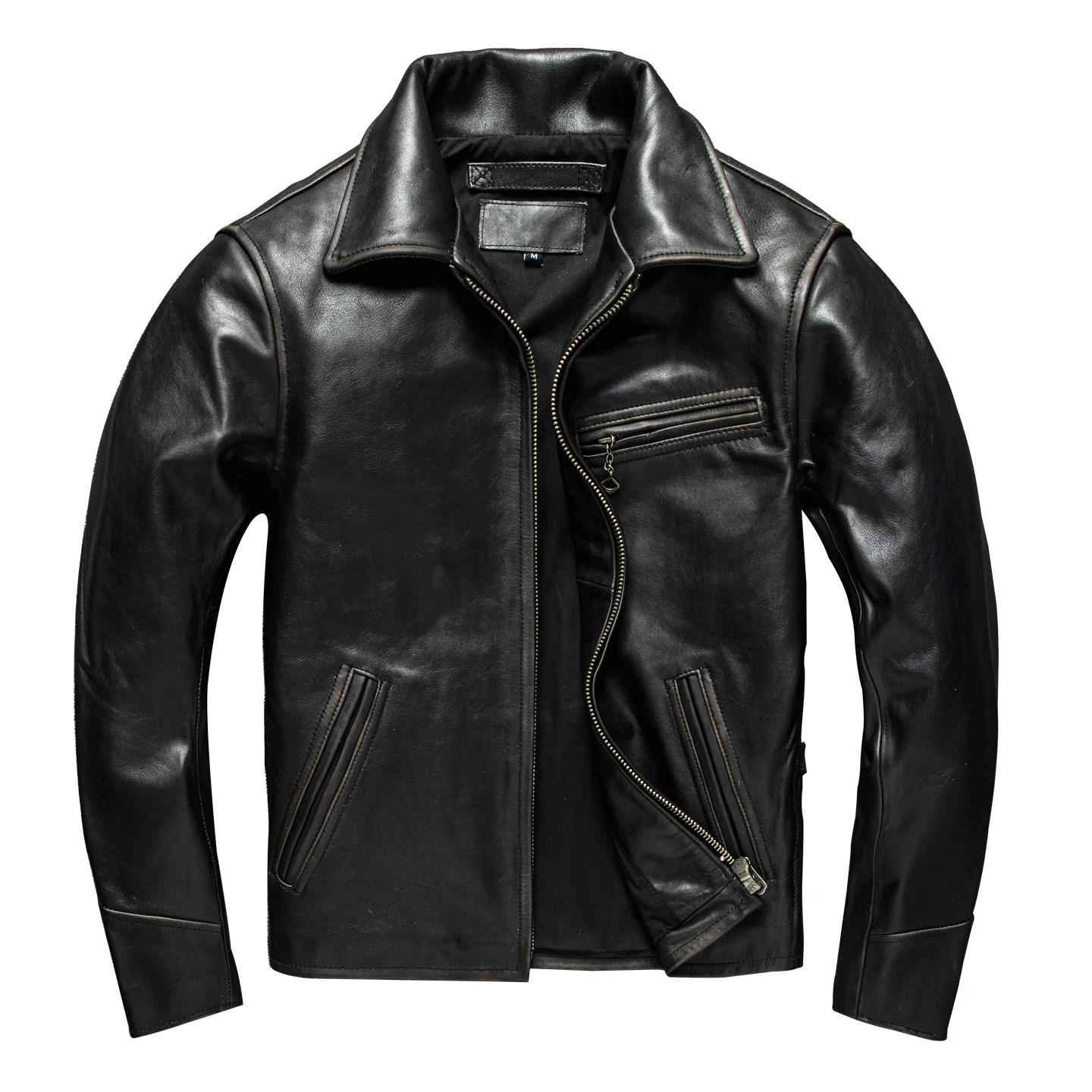 

Black Autumn Leather Jacket Men Retro Vintage Style Plus Size 5XL Genuine Natural Horsehide Turn-Down Collar Slim Fit Short Coat
