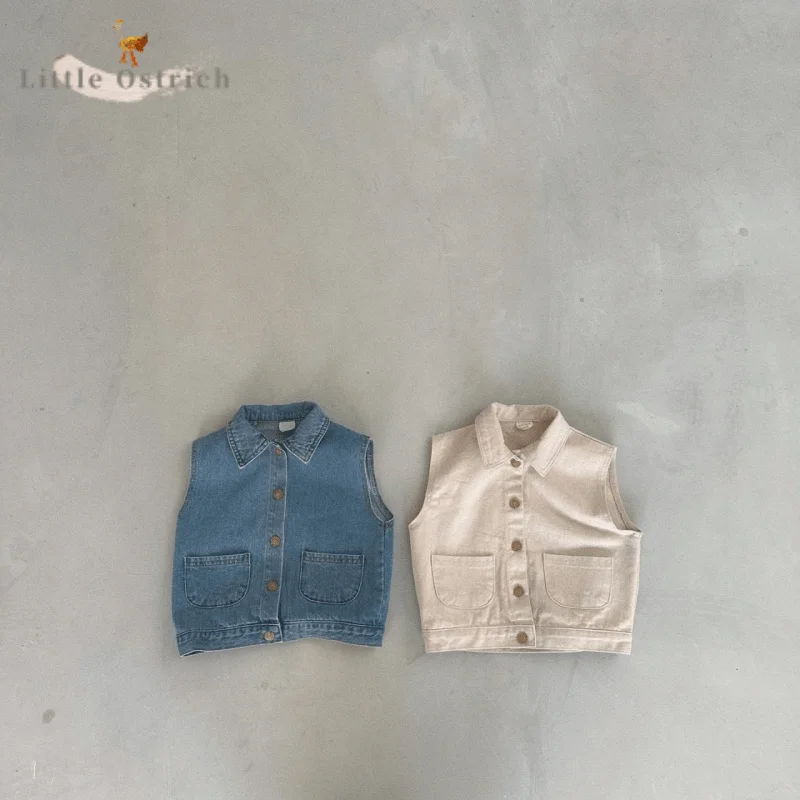 

Newborn Baby Girl Boy Denim Jacket Infant Toddler Child Sleeveless Turn-down Collar Coat Solid Color Vest Baby Clothes 9M-7Y