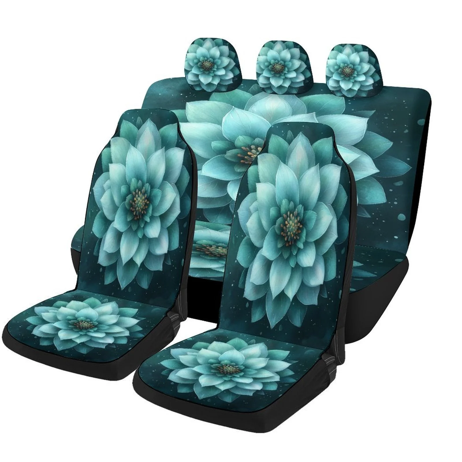 Blue For Lotus Bloom Themed Car Seat Cover Set For Most Cars, Trendy Novelty Car Seat Protector Covers Full Set, Universal Car S