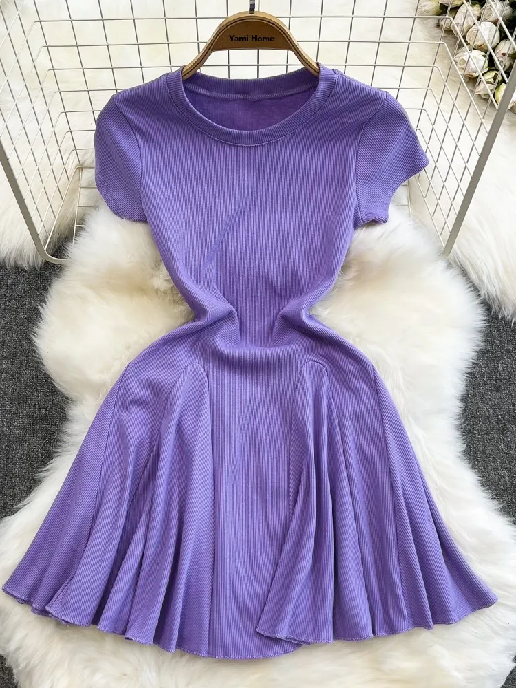 Sommer Faion Koreanische Sle ort Sve runde Ne Abnehmen A-Line Puffy Dr Hot Girl Reine Farbe Hohe Taille ort Dr