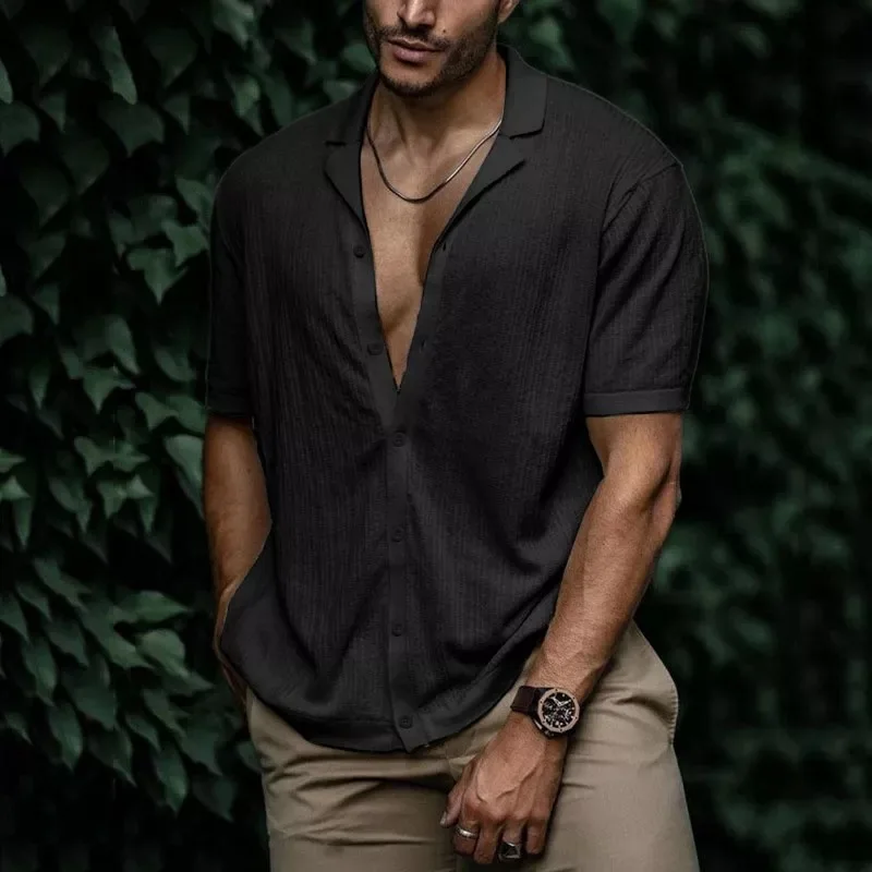 2026 Summer Men's Solid Color Soft Fabric Short Sleeve Lapel Top Simple Casual Shirt