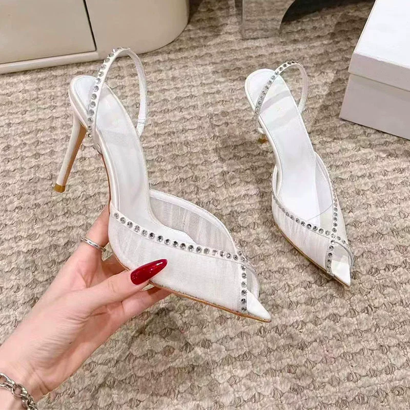 Summer new pointed fish mouth rhinestone lace mesh sandals banquet dress back trip belt thin-heeled high-heeled women's shoes