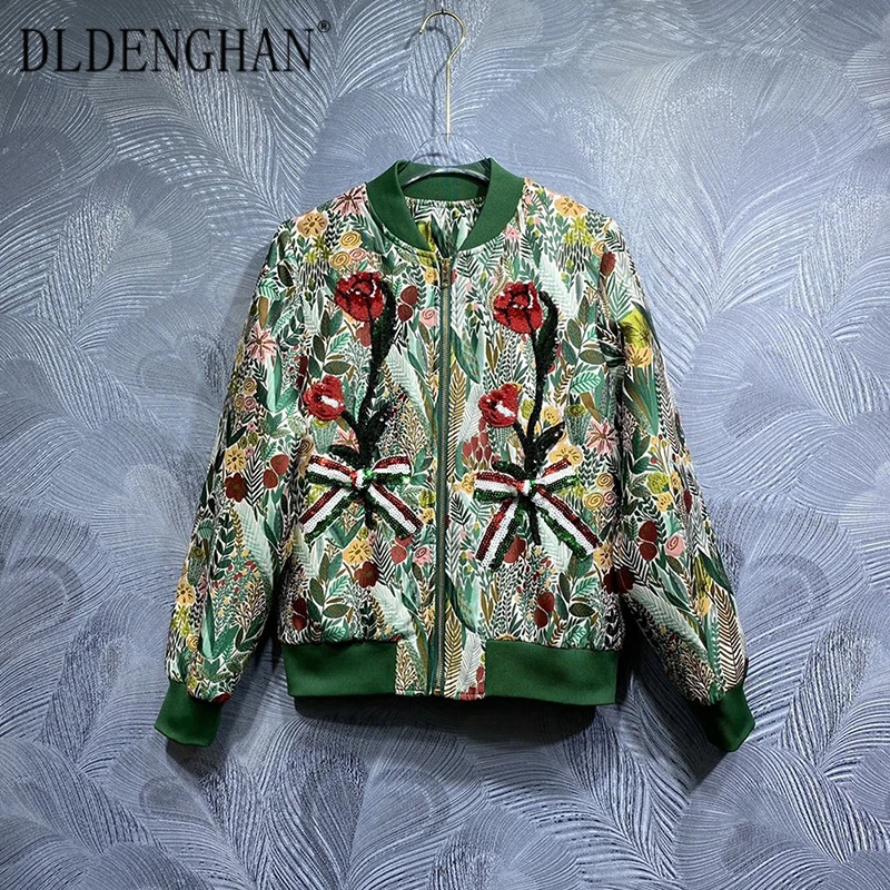 DLDENGHAN Autumn Jacquard Jacket Women's O-Neck Long Sleeves Sequins Flowe Casual Coat Fashion Designer