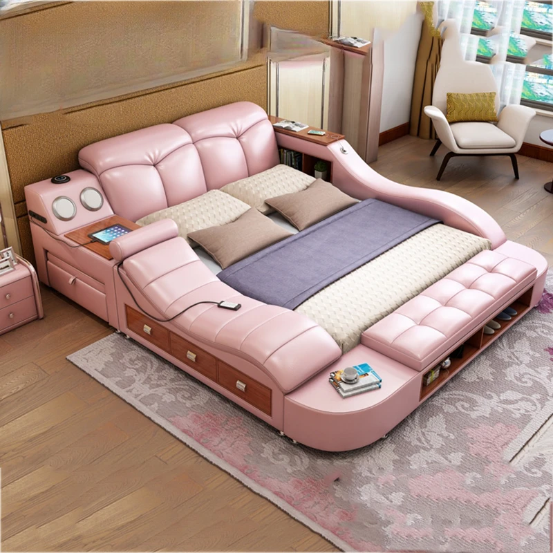 Unique European Frame Double Bed Simple Wood Headrest Massage Queen Home Bed Luxury Floor Letto Multifunzione Bedroom Furniture