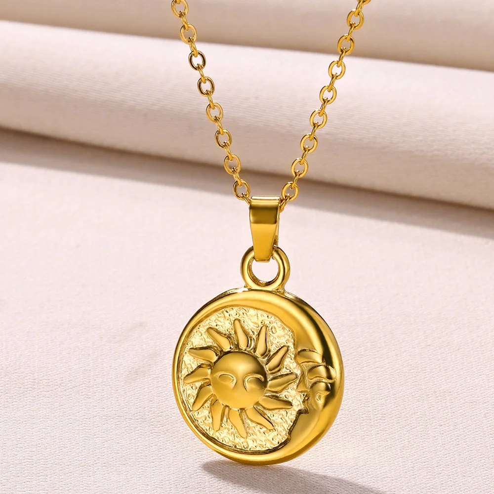 Stainless Steel Sun Moon Coin Necklaces For Women Vintage Gold Color Round Necklace Choker Geometric Jewelry Gifts Wholesale