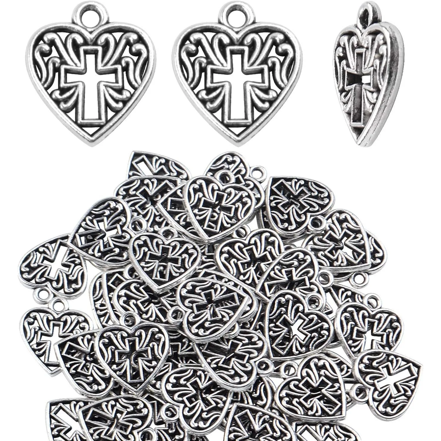

Подвески в форме сердца, 50-компонентное металлическое сердце из сплава с подвесками в форме креста для изготовления ожерелья-браслета - античное серебро