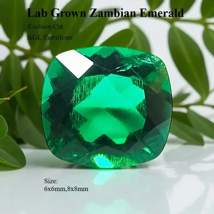 Lab Grown Zambian Emerald- Hydrothermal, Hand-Cut, Cushion Cut, with Cracks Inclusions, With   Certificate For Jewelry