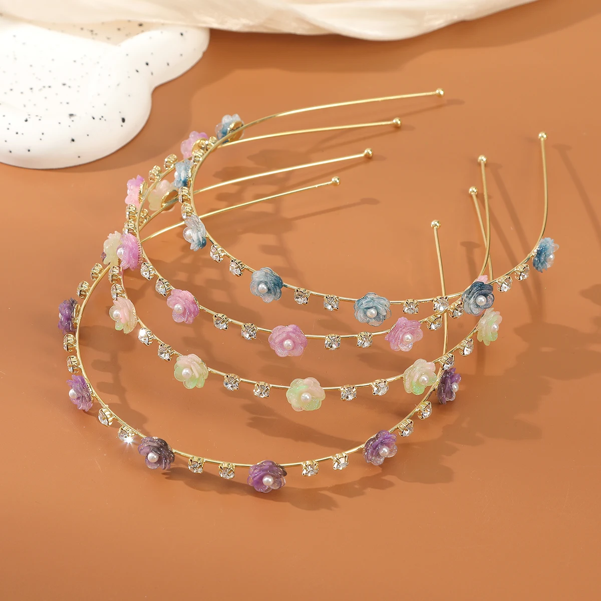 Pearl Camellia Hairbands For Women Retro Elegant Hair Hoops Bezel Headwear Girls Alloy Headband Purple Flower Hair Accessories