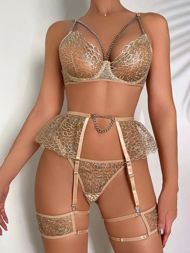 S-XXL Lace Metal Chain Transparent Bikini Set Tights Bustier Crop Tops High Cut Thong G-string Sexy Body Leg Harness Garter Belt