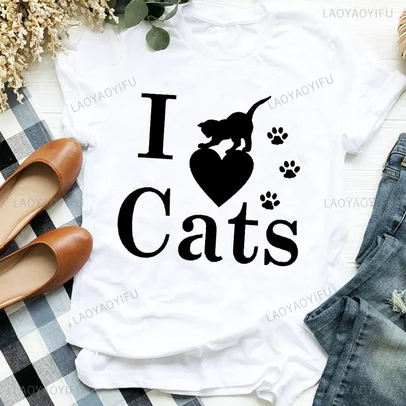 Women Tee Cute Kawaii Cat  Print Shirt Cotton T Tee for Womens Pretty Streetwear Aesthetic Graphic T-shirt Boy Fashion Tops