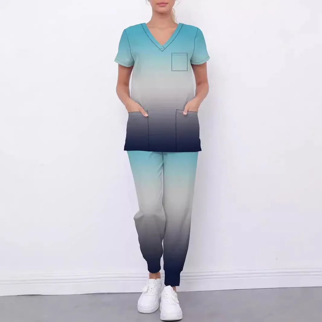 Terno de lavar roupa gradiente para as mãos feminino, manga curta, avental cirúrgico pediátrico, uniforme de enfermeira hospitalar e doutor, nova moda