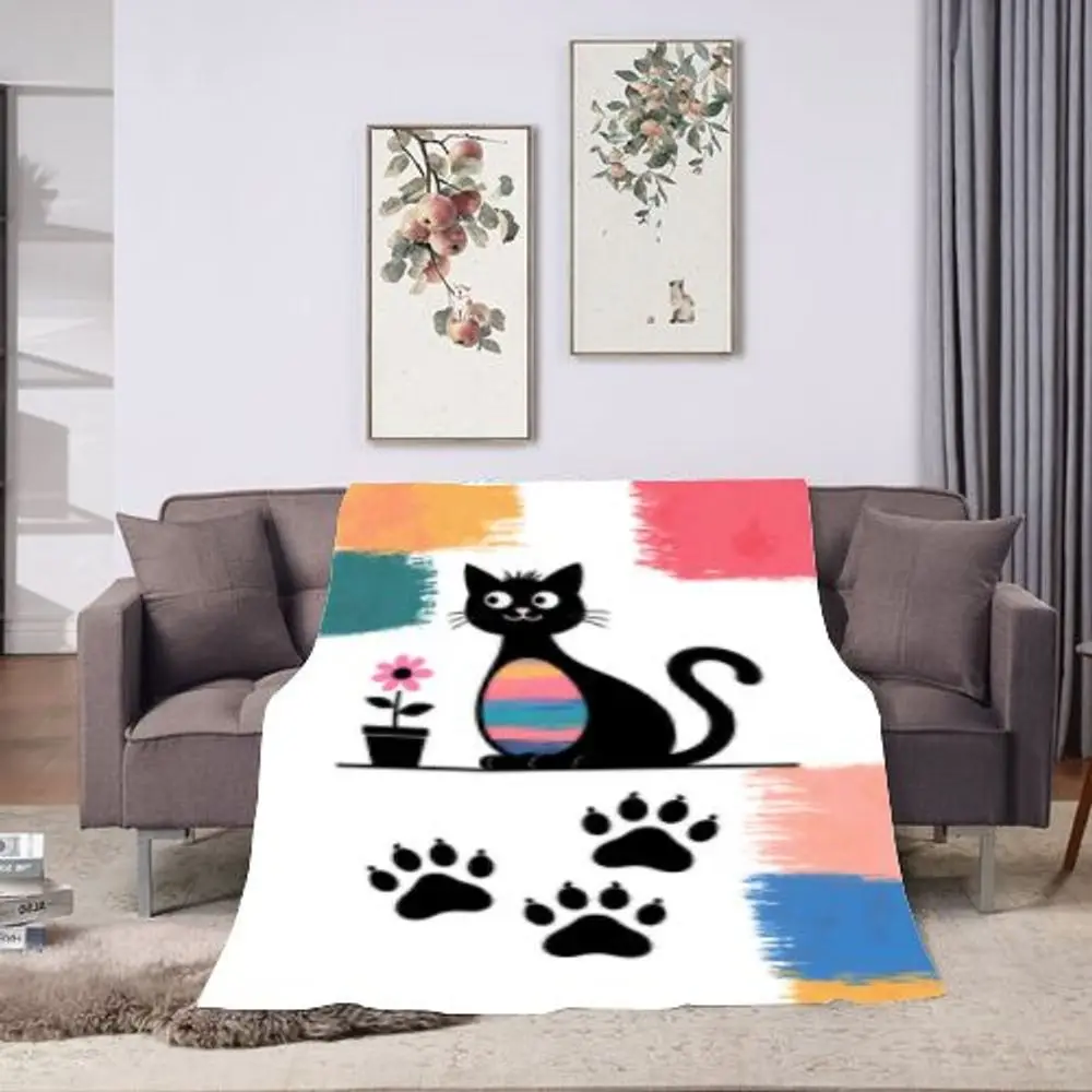 بطانية رمي قطة سوداء رائعة بتصميم وجه وردي وأبيض - بطانية صوف ناعمة ومريحة تتميز بطن متدرج من الوردي، Bl #2