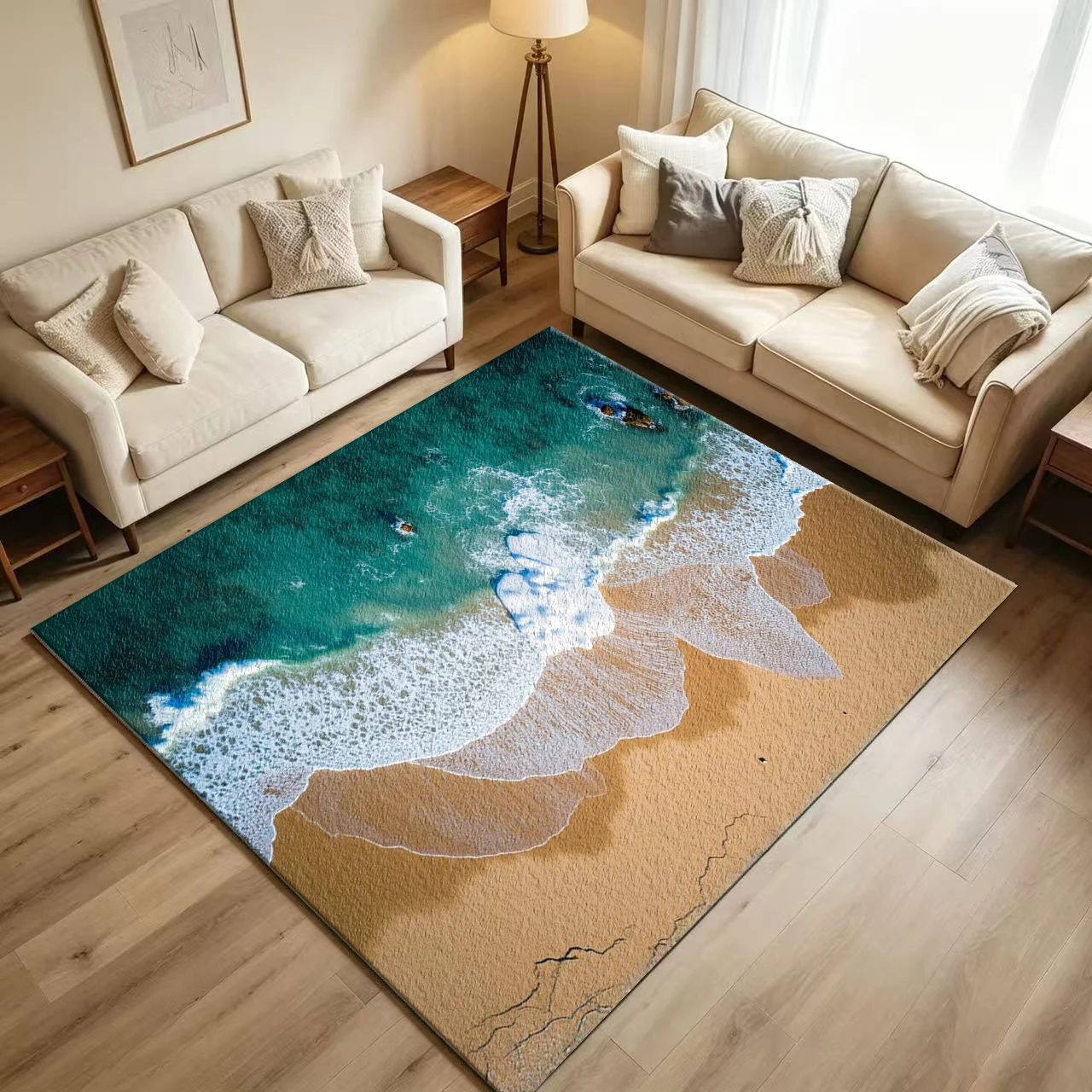 Aerial Ocean Beach Wave Scenery Carpet Flooring Natural Sea Surf Sand Coast Landscape Art Pattern Printed Floor Rug for Household Indoor Modern Home Decor