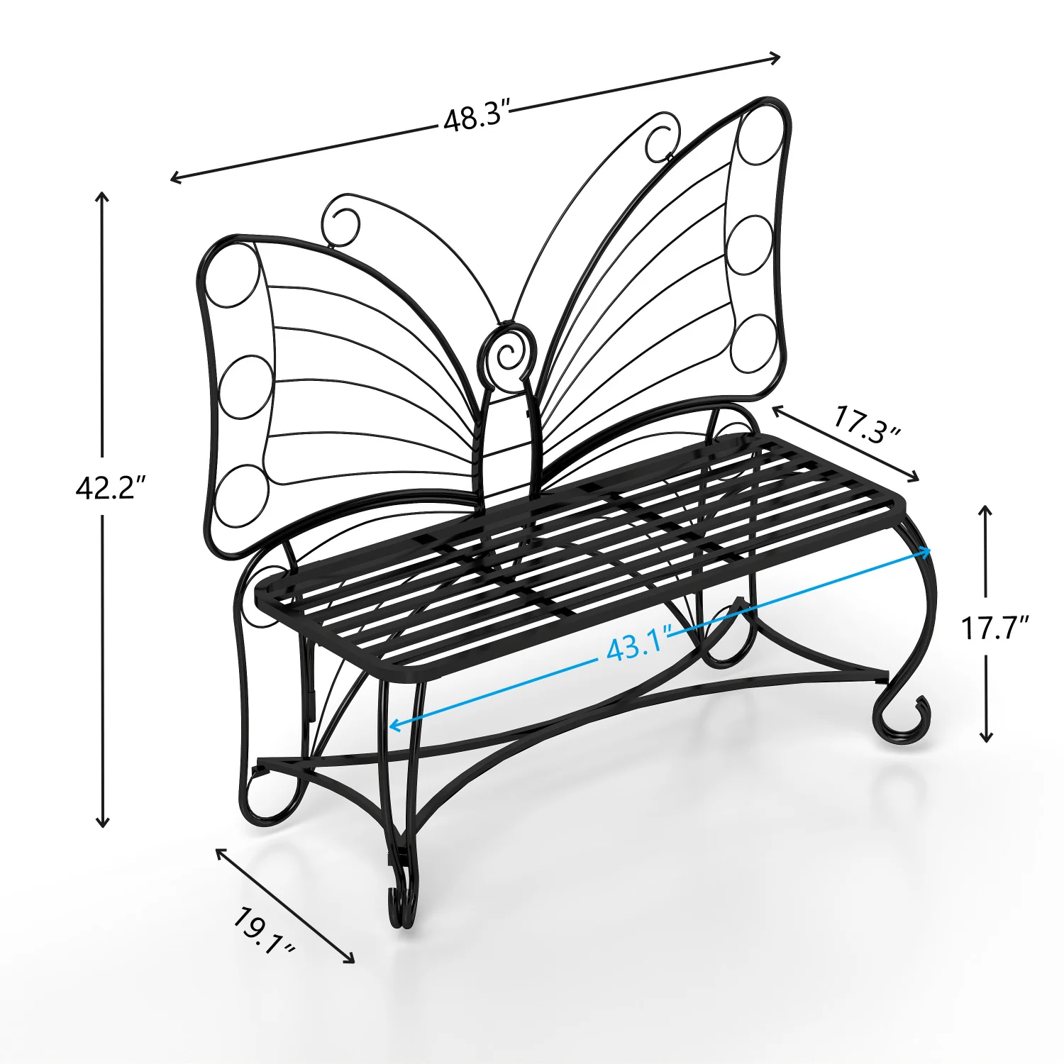 Banco de jardim de metal fundido borboleta, assento de pátio de banco ao ar livre, banco de parque, assento externo para jardim, quintal, parque, entrada