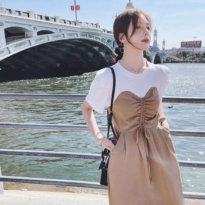 Faux deux pièces pour femmes, T-shirt à bretelles Dr, couture, taille haute, jupe trapèze, douce, couleur Pure, printemps été, coton