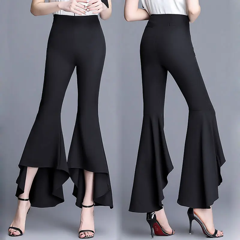 

Lady Flare Pants High Rise Female Casual High Street Trousers Leisure Women Boot Cut Pants Folds All Match Korean Fashion A129