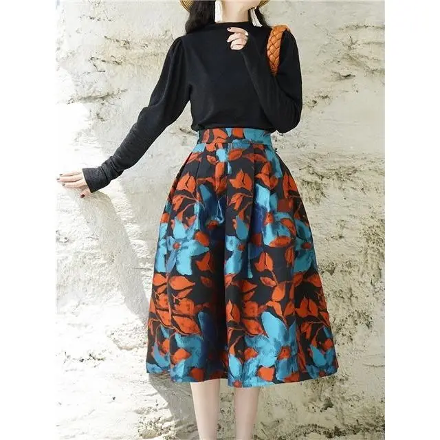 Printed Puffy Retro Umbrella Skirt Women Elegant Mid Length High Waisted French Covered Meat Autumn Winter Style Skirts M183