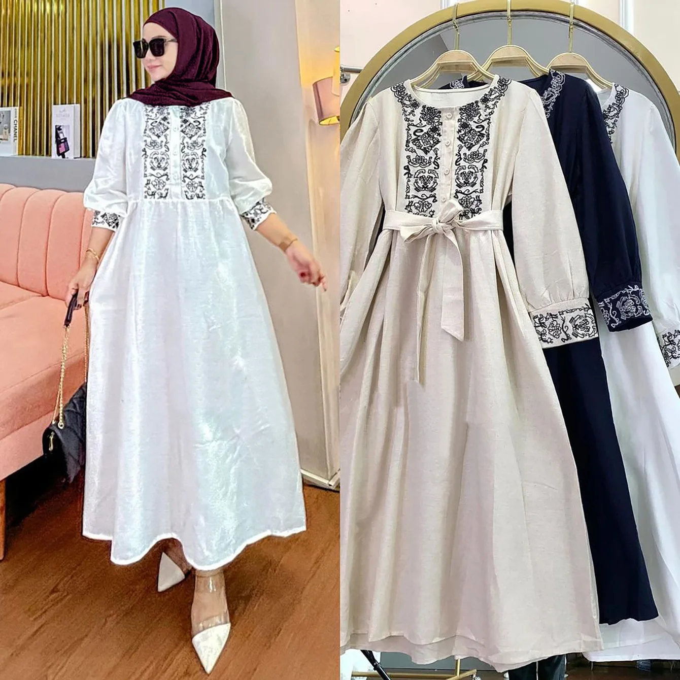 

2024 New Muslim Women Loose Cotton Linen Embroidery Maxi Dress Eid Djellaba Arabic Robe Dubai Abaya Turkey Kaftan Islam Jalabiya