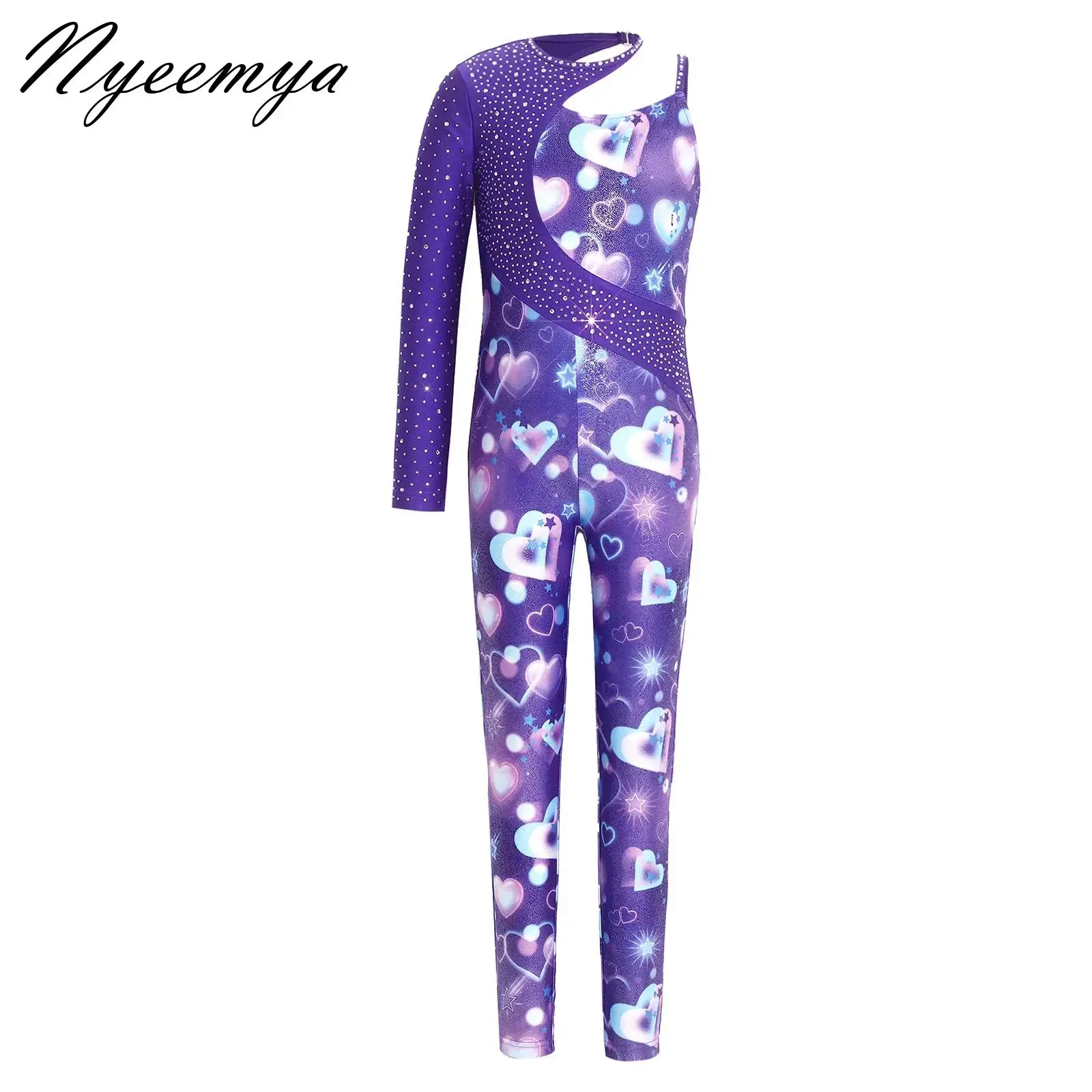 

Kids Girls Asymmetrical Full Length Dance Jumpsuit Shiny Rhinestone Printed Bodysuit for Figure Skating Gymnastics Performance