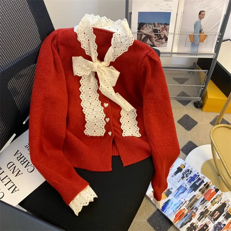 French Autumn Winter Lady Graceful Lace Bowknot Pathwork Sweater Cardigan Lady Sweet Pink Knitted Bottoming Tops New Knitwear
