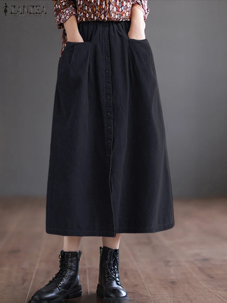 ZANZEA Women Autumn Solid Midi Skirt Jupes Casual Elastic Waist Corduroy Skirts Vintage Overskirts A-line Loose Work Faldas Saia