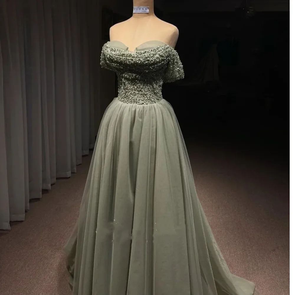 2024 Elegante Off Shoulder Salie Avondjurken Voor Vrouwen Bruiloftsgast Luxe Kralen Arabische Lange Formele Feestjurk Temperament