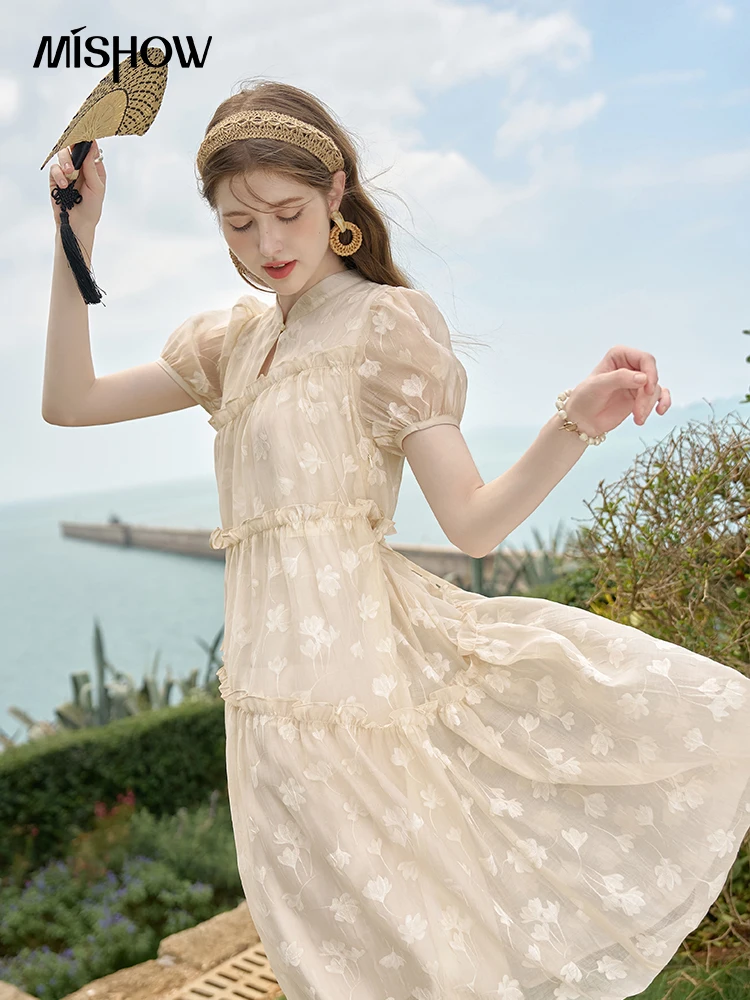 

MISHOW Chinese Loose Dress for Women 2024 Summer Fairy Chiffon Doll Dress A-line Flower Printing Puff Sleeve Dresses MXD30L1865