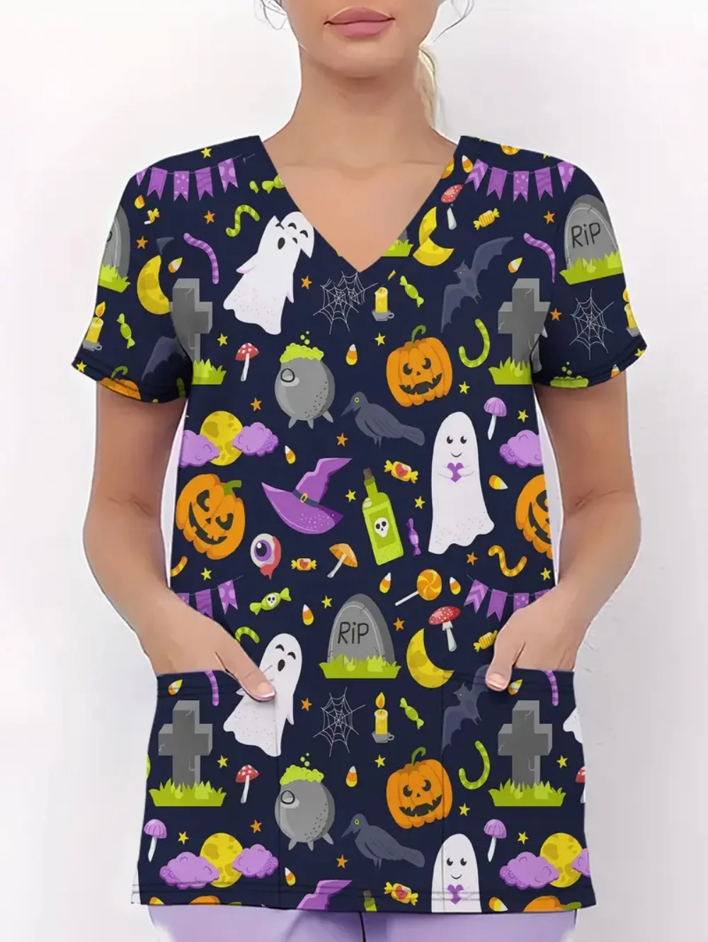 새로운 의료 유니폼 여성 할로윈 시리즈 인쇄 치과 의사 짧은 소매 임상 유니폼 패션 v 넥 여성 수술 스크럽 탑