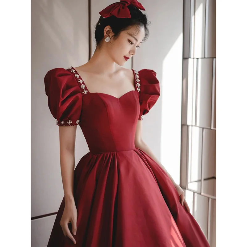 Burgundy Satin Beaded Square Collar Puff Sleeve A-Line Evening Dress Bride Bridesmaid Wedding Tulle Prom Gowns Vestidos