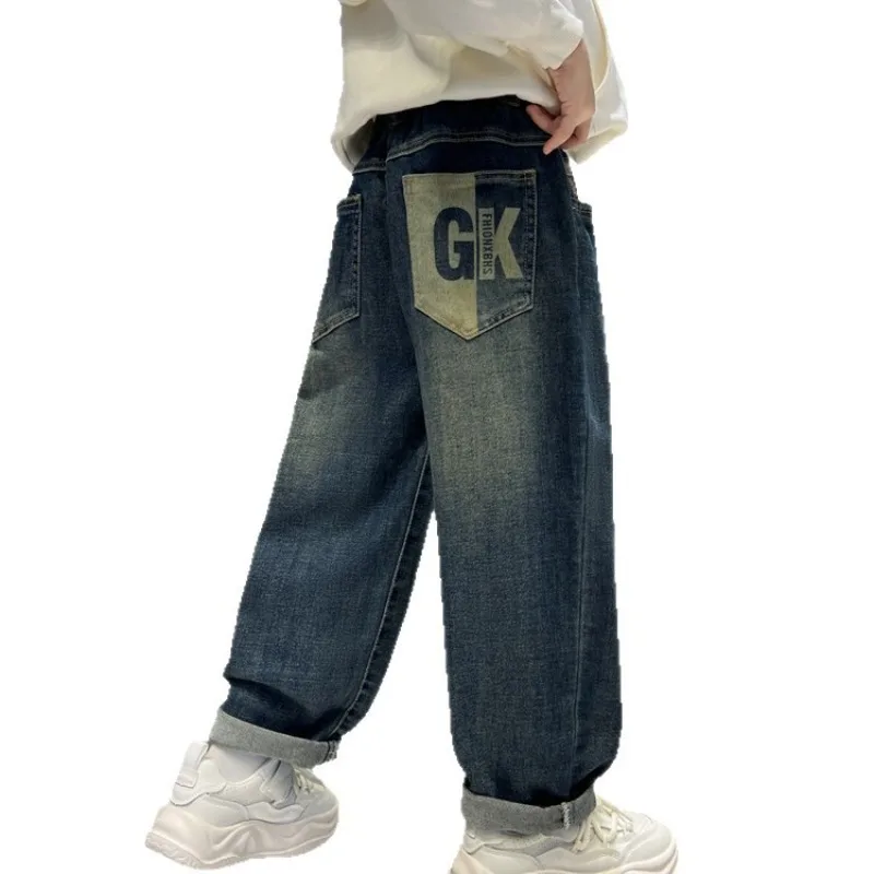 Jeans für Teenager und Jungen, UNITIM, Herbstkollektion, Kinder-Jeans mit Buchstabenmuster und Taschen, lässige Jeans mit elastischem Bund, für Jungen von 2 bis 12 Jahren, gerade geschnittene Hose. – Detail 6