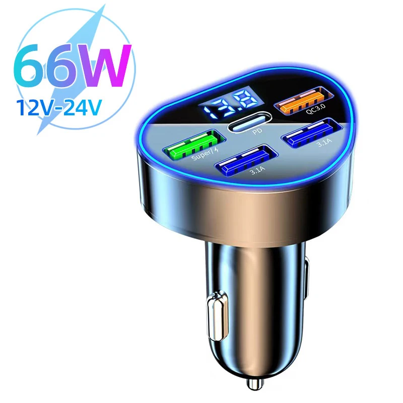 5 Ports 66W Car Charger Type C Fast Charging Auto Mobile Phone Adapter For iPhone Samsung Huawei Xiaomi QC 3.0 Quick Charge