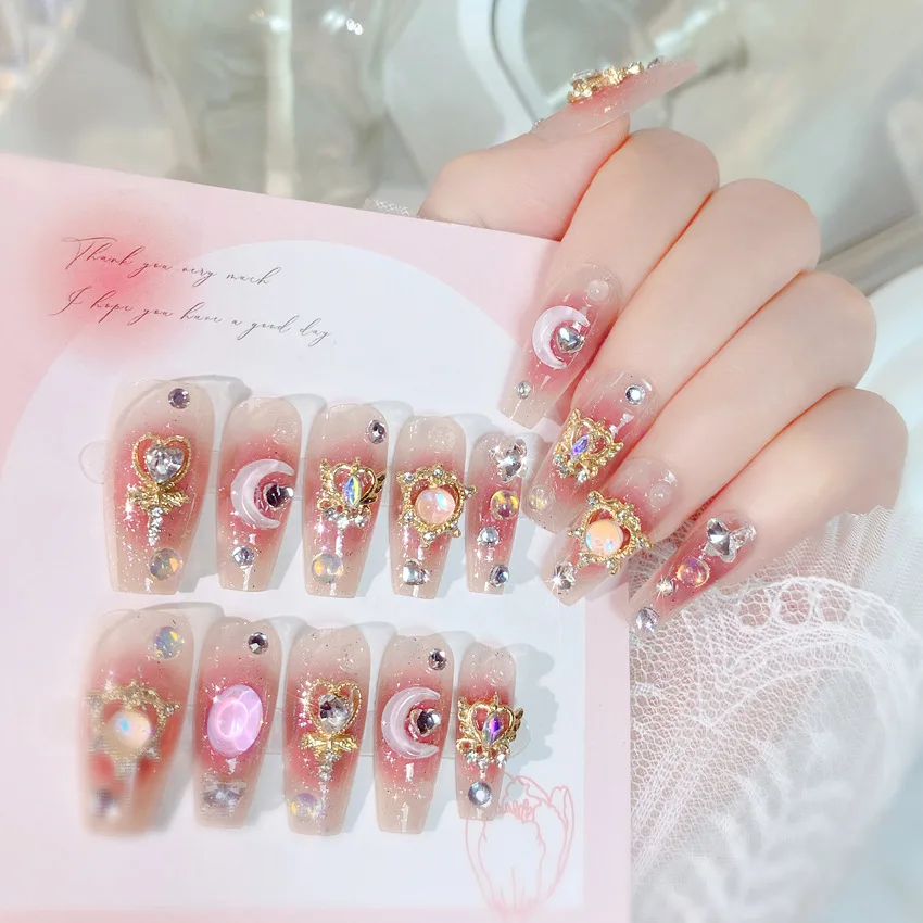 24pcs Detachable Ballet Y2K Sweet Moon Heart Design French Pink False Nails With Glue Full Long Press On Acrylic Fake Nails Tips