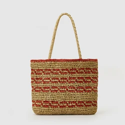 Vintage Striped Straw Tote Bag Casual Paper Woven Women Shoulder Bags Handamde Summer Beach Bag Large Bali Shopper Purses 2023