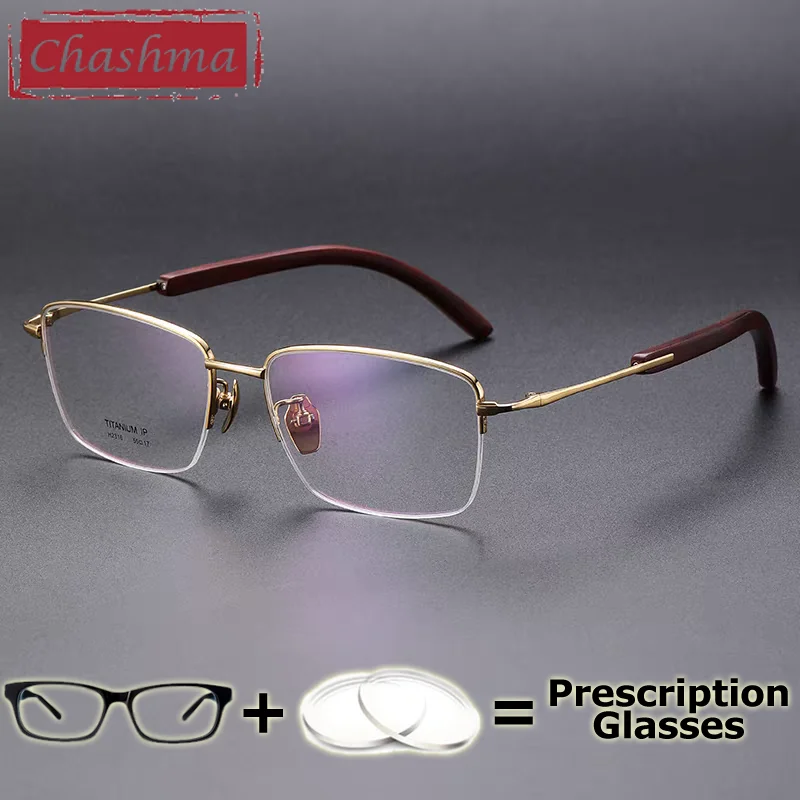 Chashma Prescription Glasses Men Top Quality Pure Titanium Sandalwood Spectacles Gentlemen Semi Eyeglasses Frame Multifocal Lens