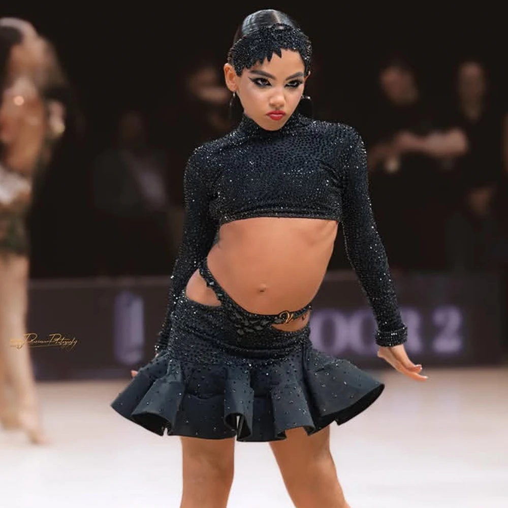 Vennystyle Latin Dance Dress Black High Neck Cropped Top & Asymmetric Skirt with Side Cut-Outs for Performance Practice