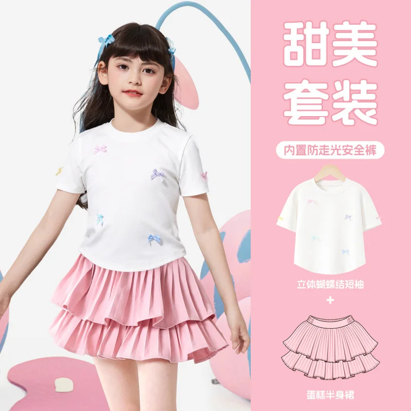 

Летний комплект для девочек: Детский костюм-двойка с бантом и коротким рукавом, новинка 2026 года, летняя одежда для девочек в стиле «торт»