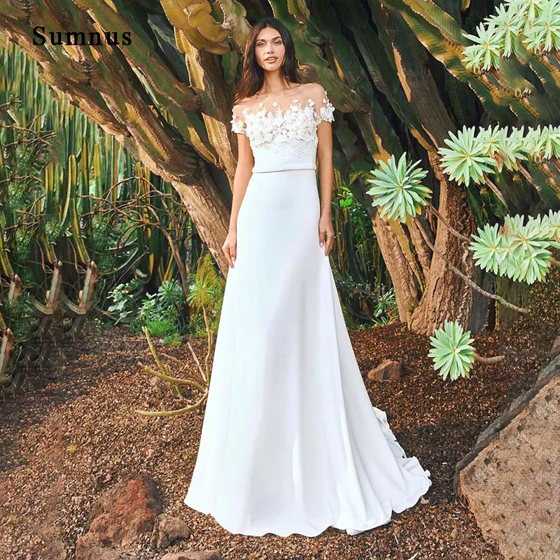 Flor apliques longo vestido de casamento manga curta tule o-pescoço império soid cetim trem princesa vestido de noiva vestidos de novai