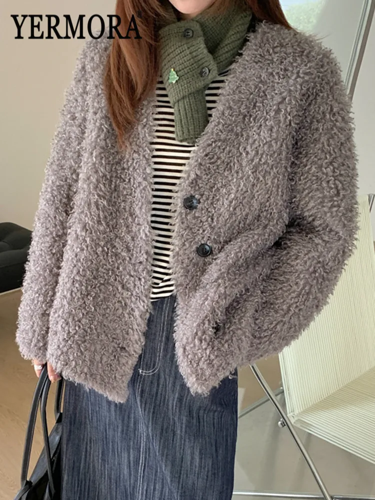 

YERMORA Gray Button Warm Brief Faux Fur Coat For Women V-Neck Long Sleeve Loose New Jacket Fashion Tide Autumn Winter 2025