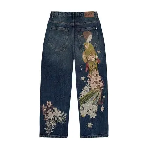 

Retro American Floral Embroidered Loose Fit Jeans Men's Workwear Straight Leg Casual Pants CleanFit Style Universal Jeans