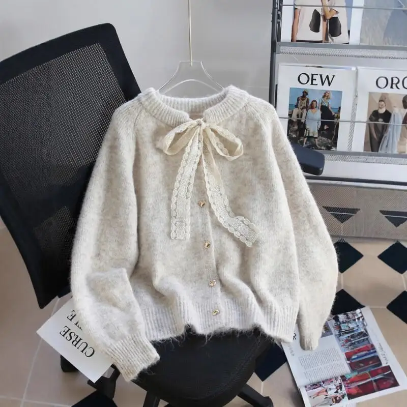 

Модный кардиган с кружевной завязкой спереди, вязаный мягкий толстый уютный женский повседневный осенне-зимний новый стильный повседневный свитер с круглым вырезом