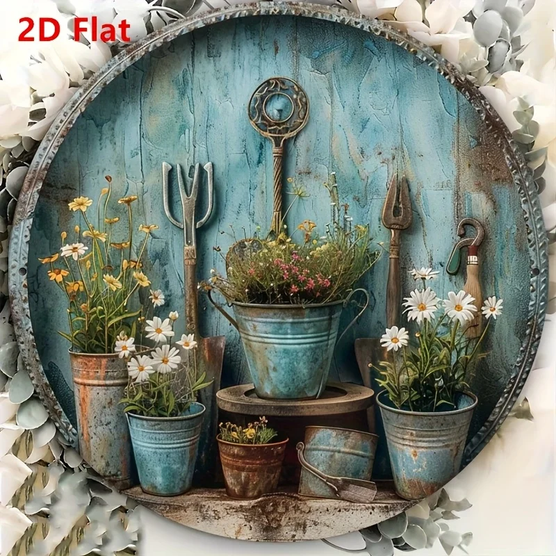 2D flache 1-teilige Retro-Heimdekorationsschilder mit Gartengeräten und Blumendesigns, Wandkunstdekorationen, geeignet für Familien