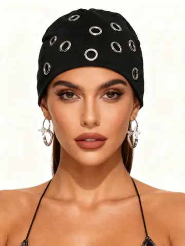 AWAYTR Rivet-Embellished‌ Modal Cool Beanie‌ Fashion Urban Stack Cold Cap Hat for Women Fashion Party Hair Accessories