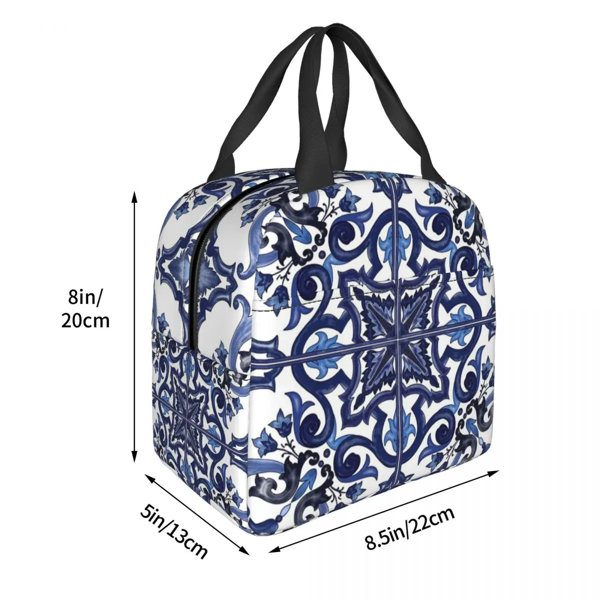 Blue Ornate Floral Mediterranean Sicilian Tile Lunch Bags Insulated Bento Box Waterproof Lunch Tote Picnic Bags Thermal Bag